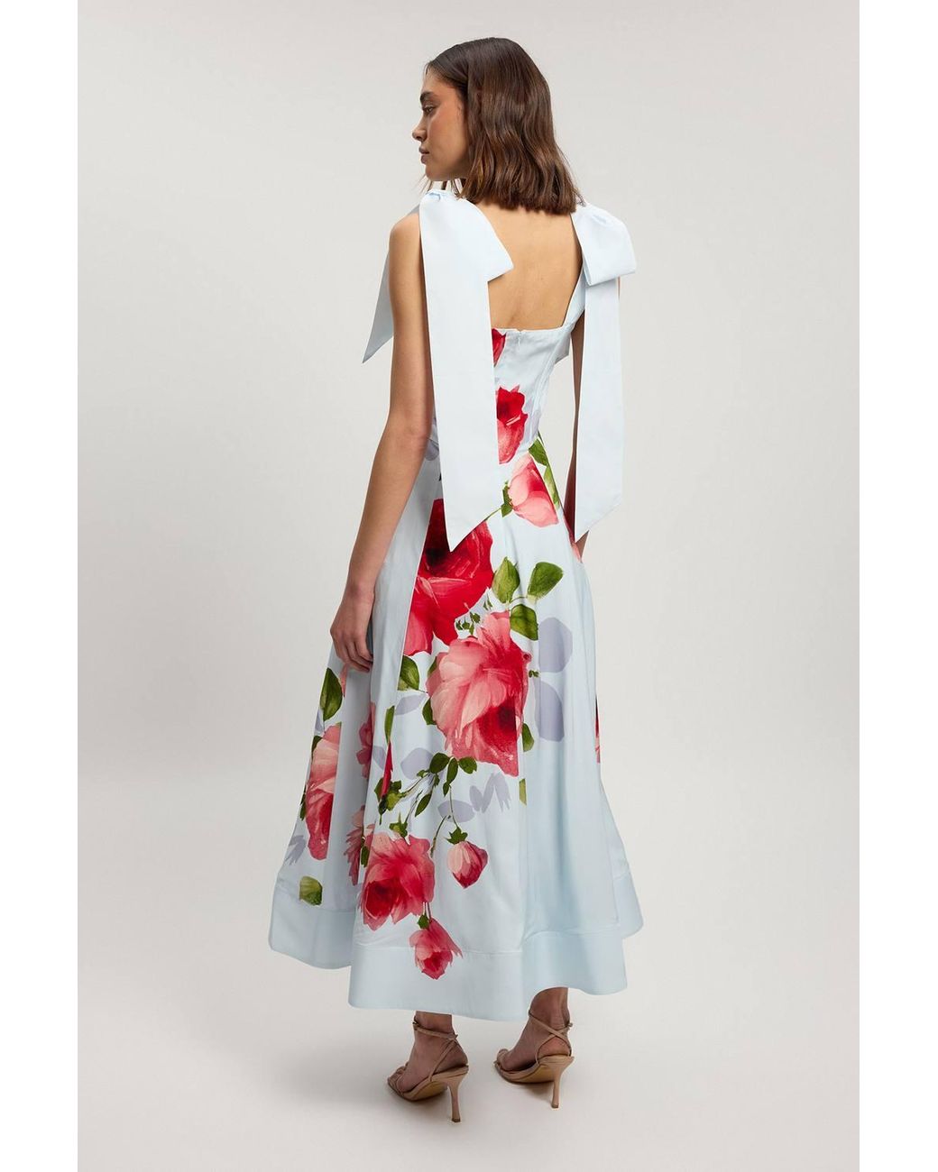 Karen Millen White Viscose Linen Floral Print Woven Prom Dress