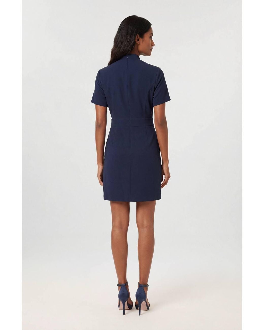 Karen Millen Blue Forever Tailored Crepe Military Pleat Notch Neck Wrap Mini Dress