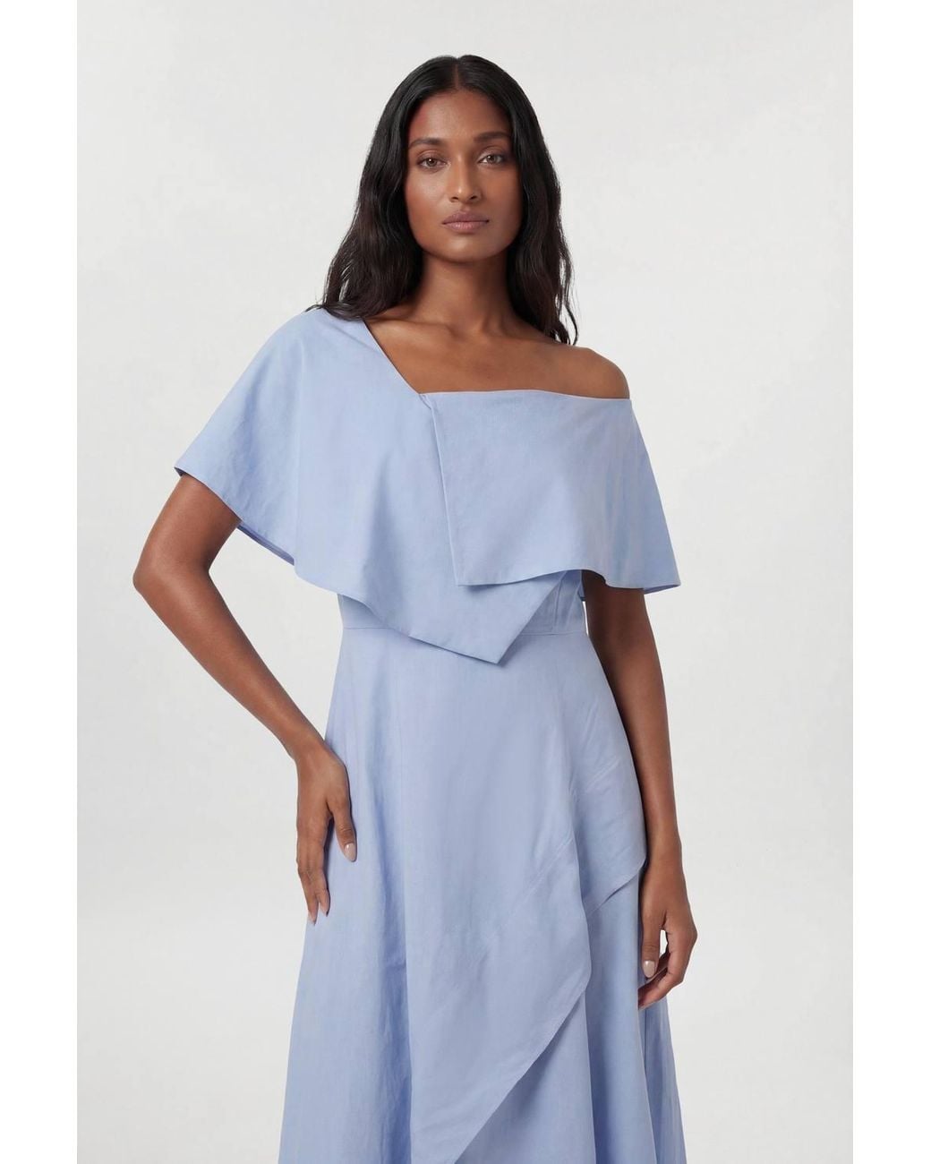 Karen Millen Blue Petite Premium Viscose Linen Tailored Asymmetric Neck Full Skirted Midi Dress
