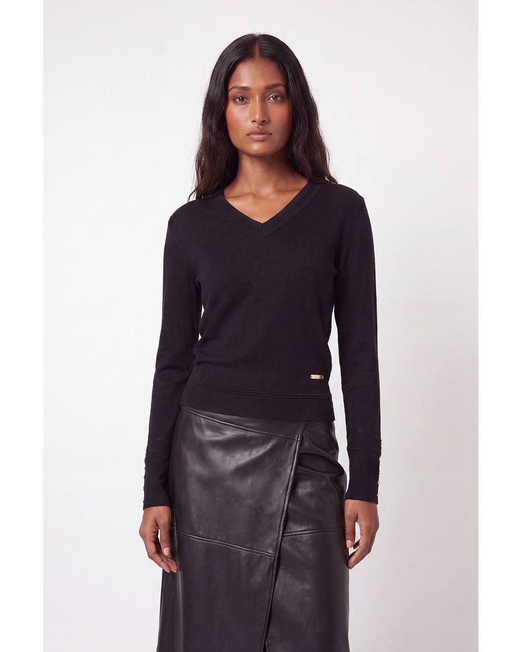 Karen Millen Blue Forever Viscose Blend Knitted Stitch Detail V Neck Long Sleeve Jumper