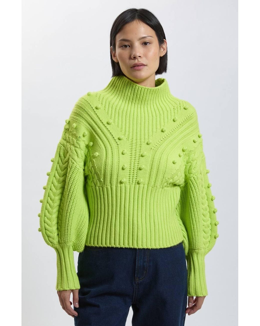 Karen Millen Green Petite Bobble Detail Balloon Sleeve Cable Knit Viscose Blend Jumper