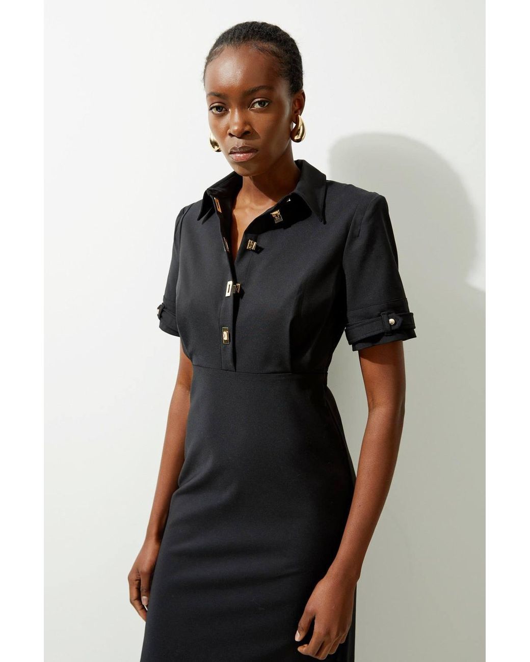 Karen Millen Black Essential Techno Shirt Sleeve Woven Shirt Dress With Hardware