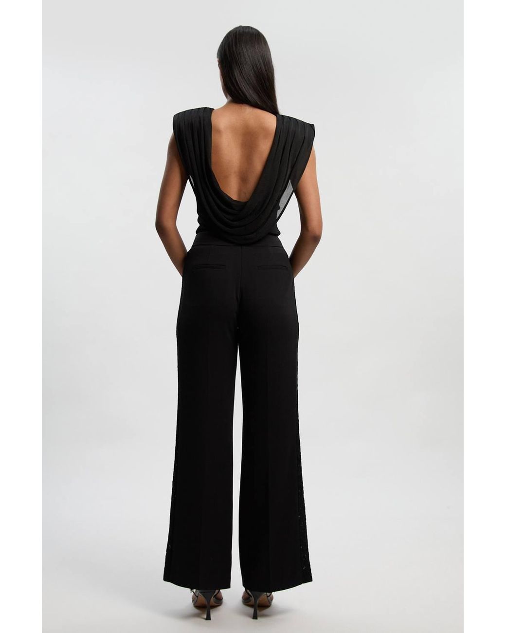 Karen Millen Black Compact Stretch Lace Mix Tailored Wide Leg Trouser