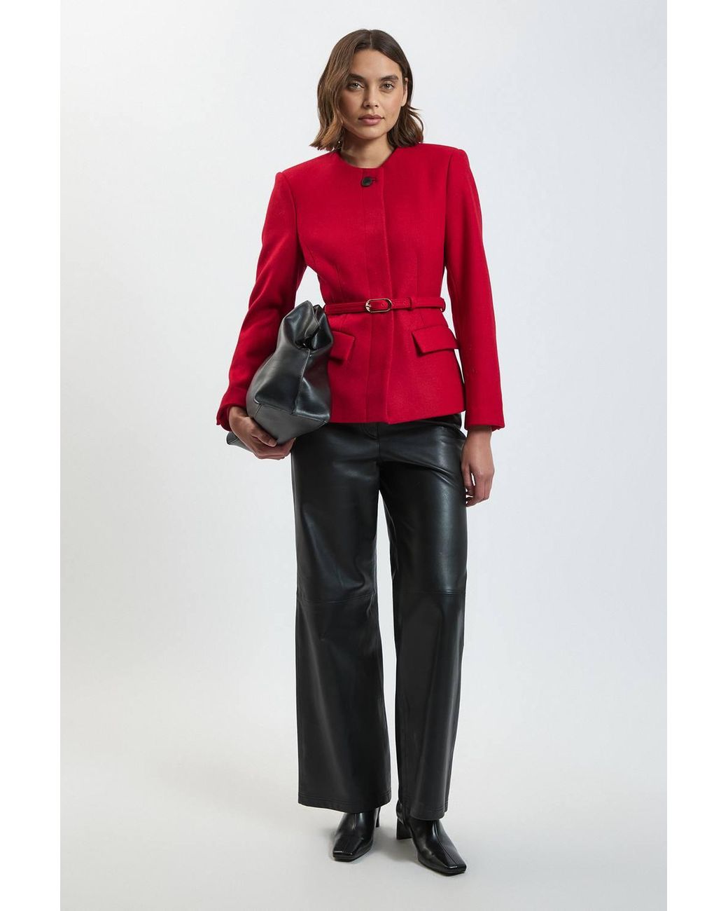 Karen Millen Wool Blend Belted Collarless Tailored Coat
