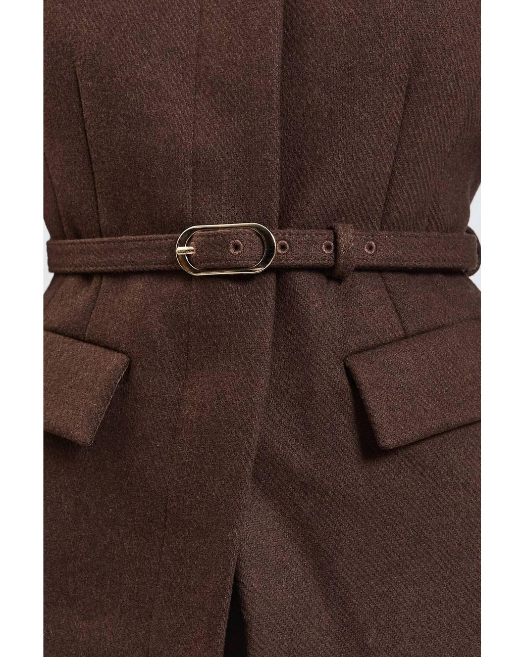 Karen Millen Brown Wool Blend Belted Collarless Tailored Coat