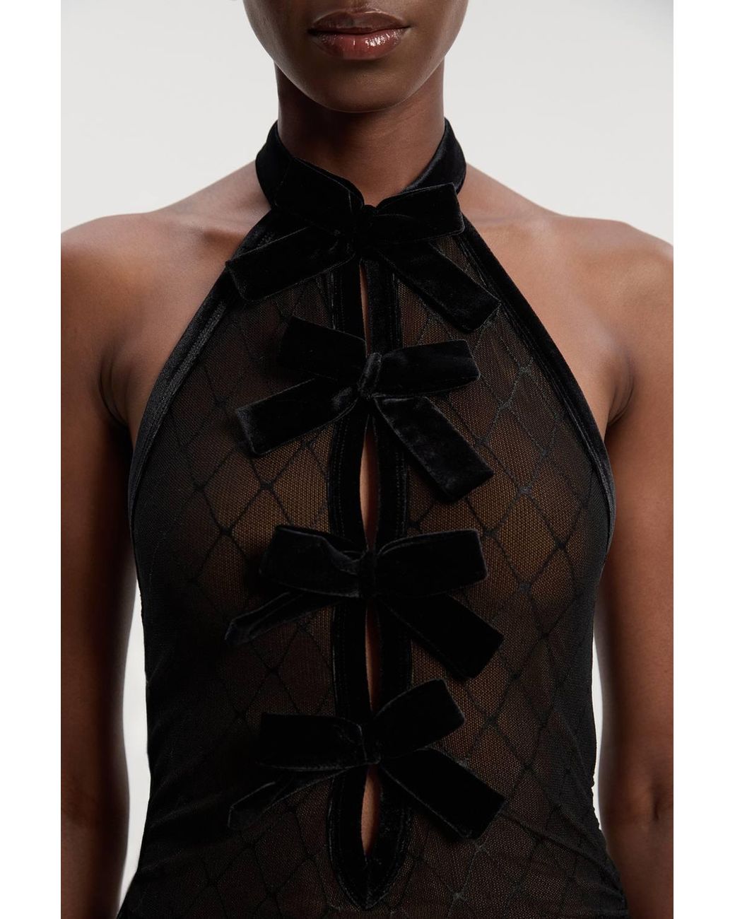 Karen Millen Black Mesh With Velvet Bow Trim Detail Halter Neck Midi Dress