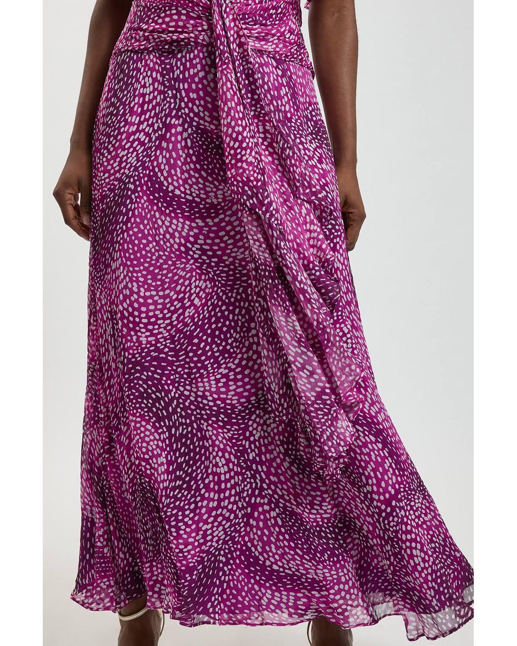 Karen Millen Purple Spot Print Viscose Georgette Cape Sleeve Ruffle Woven Maxi Dress