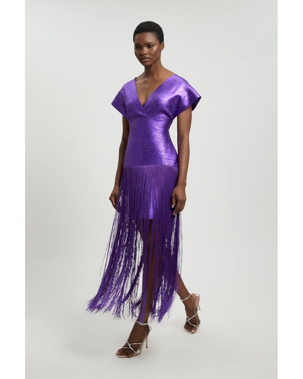 Karen Millen Purple Foil Metallic Figure Form Bandage Angel Sleeve Fringe Knit Maxi Dress