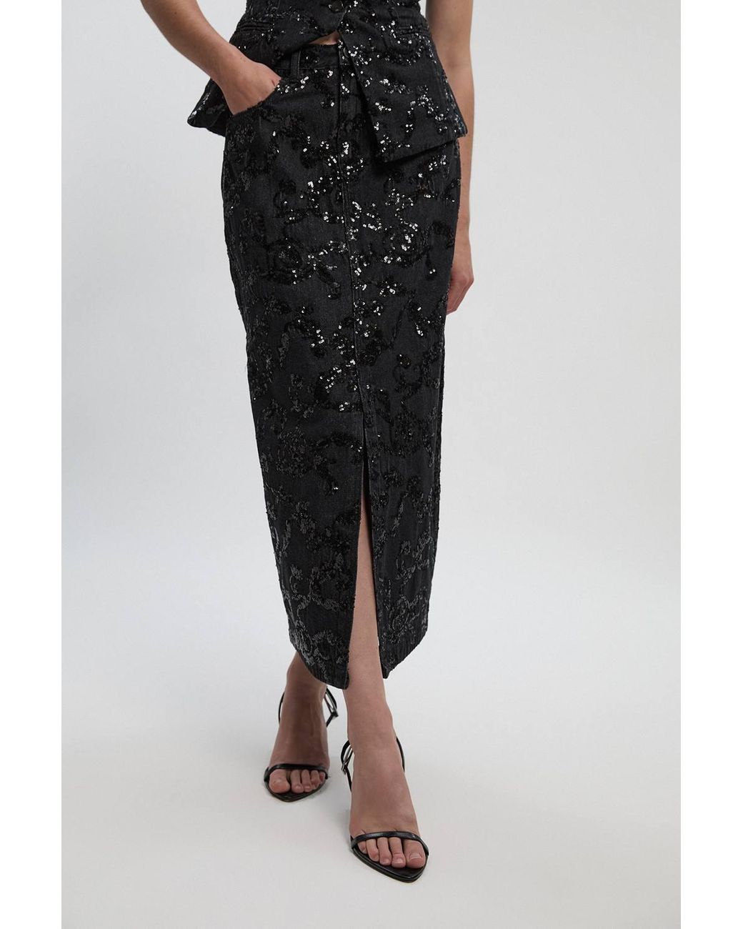 Karen Millen Black Sequin Denim Pencil Skirt