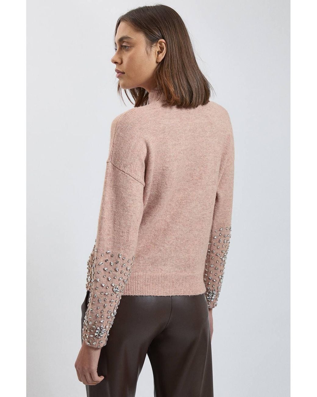 Karen Millen Natural Wool Blend Embellished Cosy Knitted High Neck Jumper