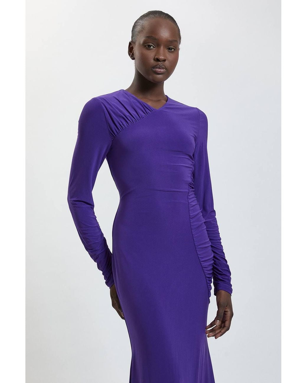 Karen Millen Purple Petite Long Sleeve Slinky Drape Ruched Detail Maxi Dress