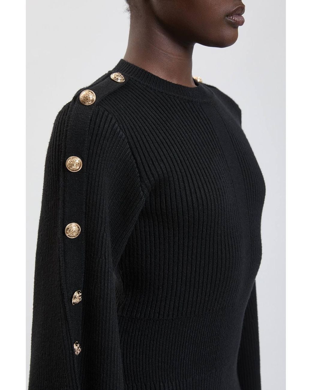 Karen Millen Black Military Button Up Sleeved Knitted Midi Dress