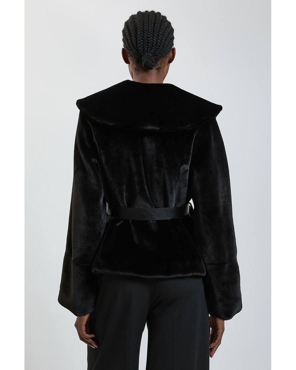 Karen Millen Black Faux Fur Oversize Collar Belted Short Coat