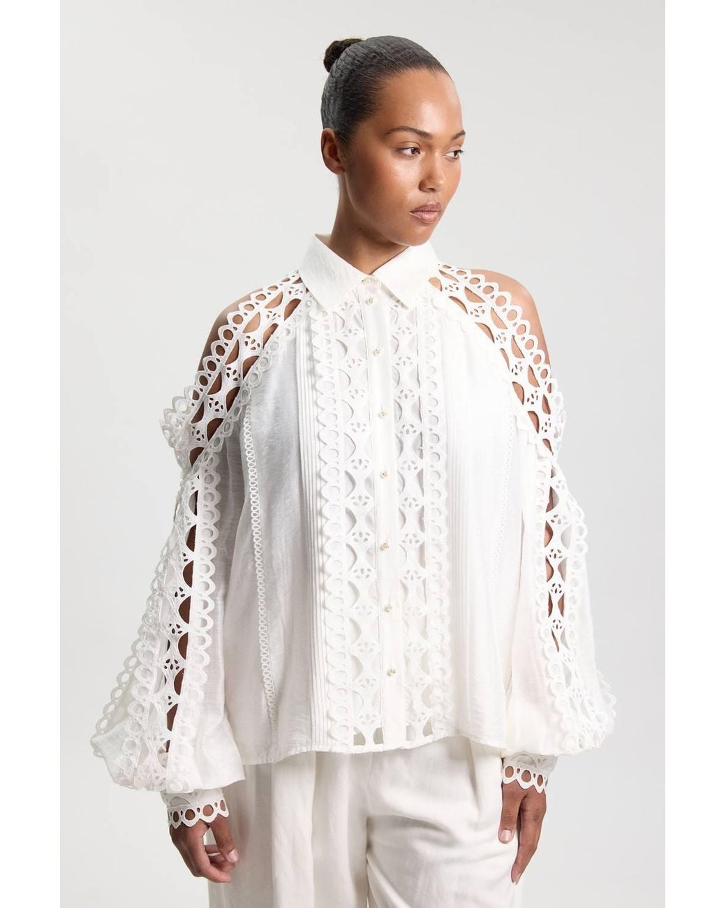 Karen Millen White Plus Size Tape Detail Cold Shoulder Woven Blouse