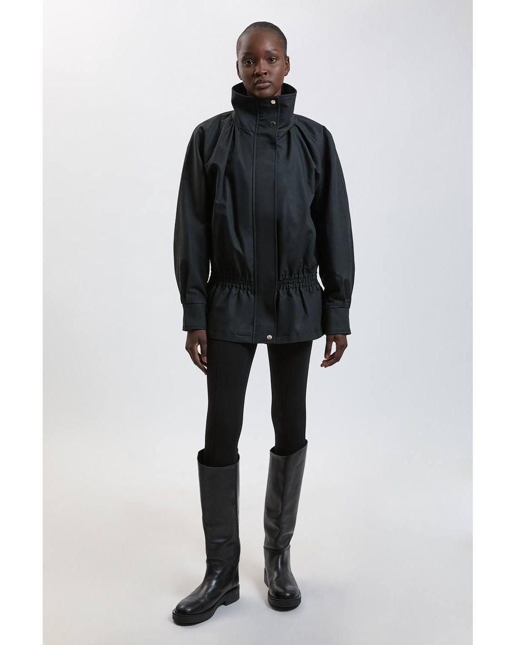 Karen Millen Black Trench Check Mix Funnel Neck Jacket