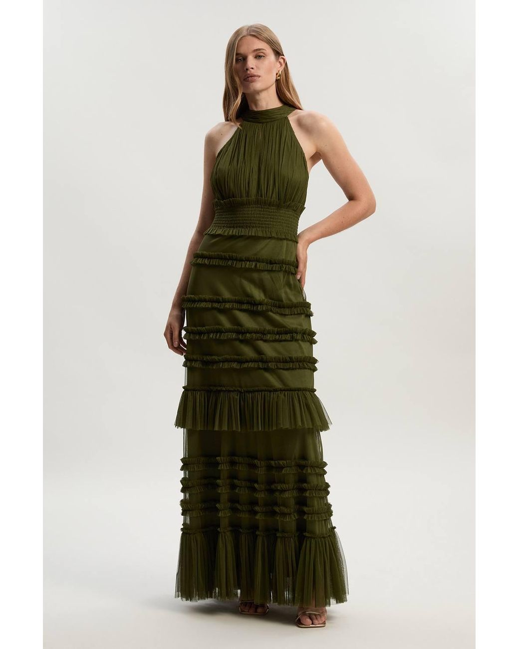 Karen Millen Green Tulle Layered Halter Neck Maxi Dress