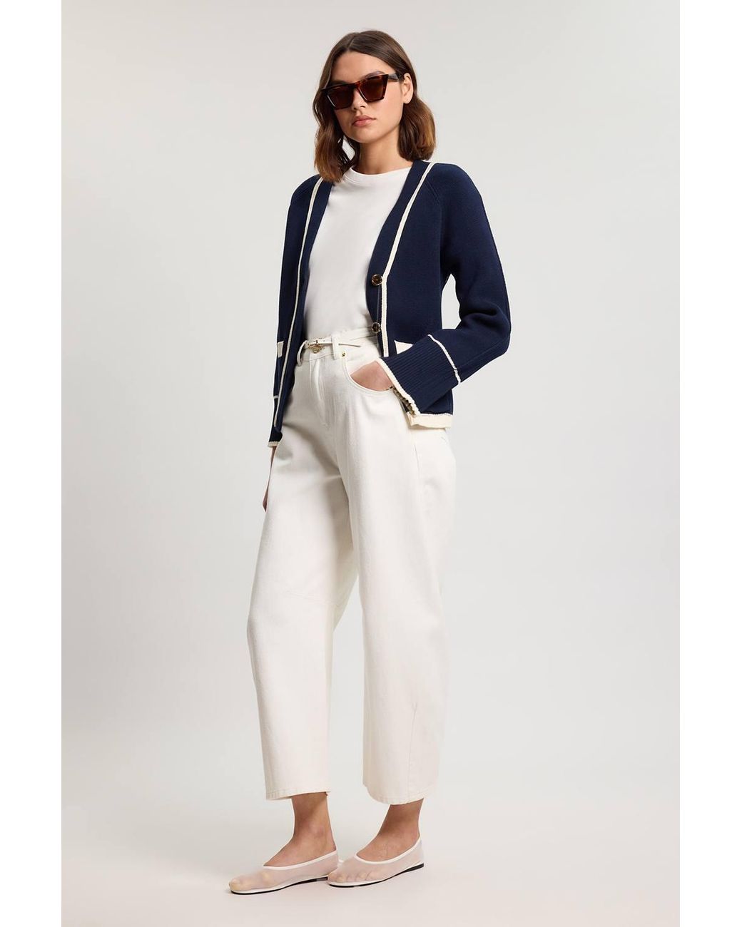 Karen Millen Blue Knit Cotton Contrast Tipped Cardigan Sweater