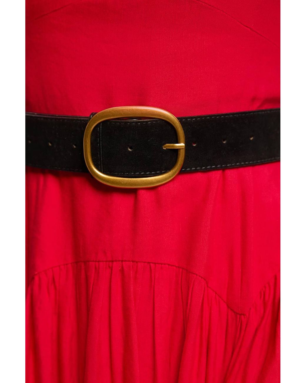 Karen Millen Red Petite Viscose Linen Belted Drop Waist Woven Midi Dress