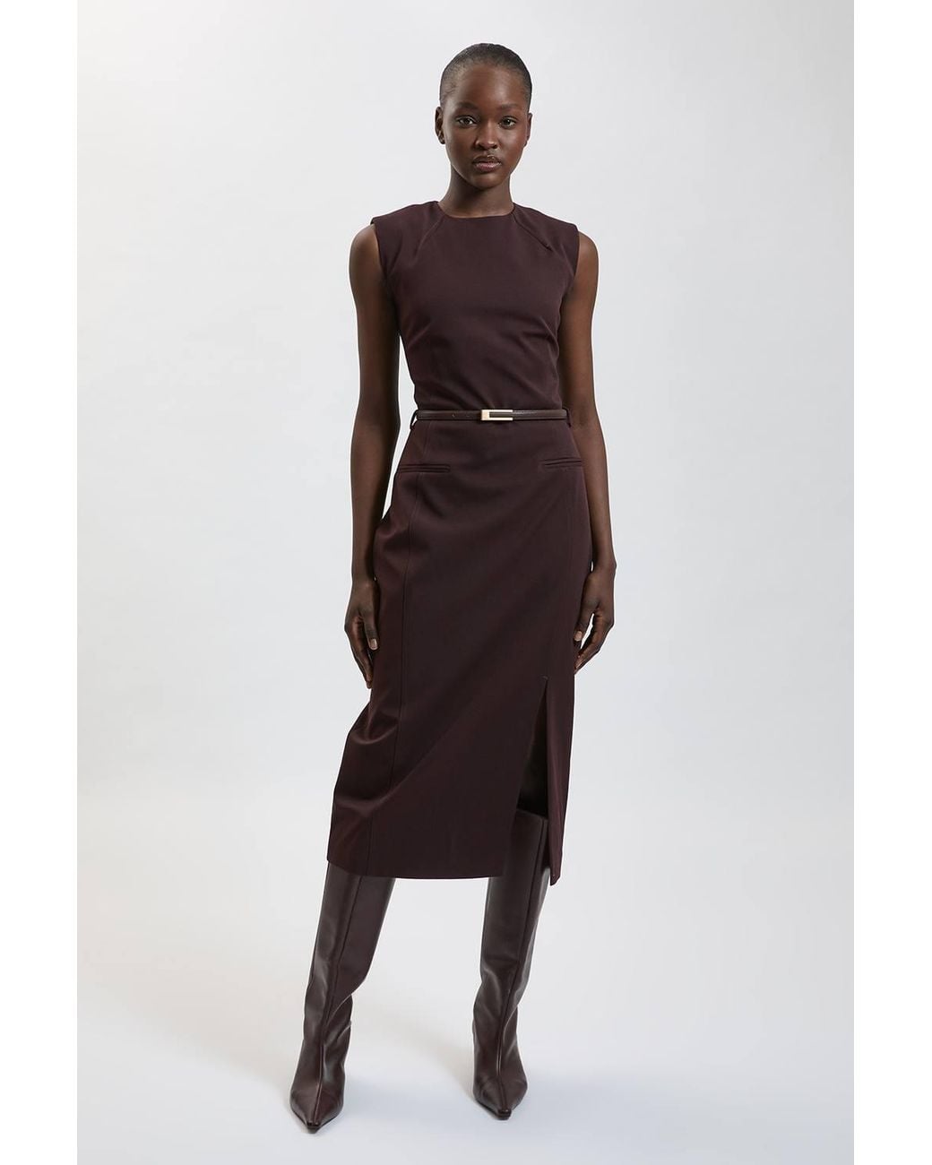 Karen Millen Brown Tailored Belted Midi Skirt Pencil Dress