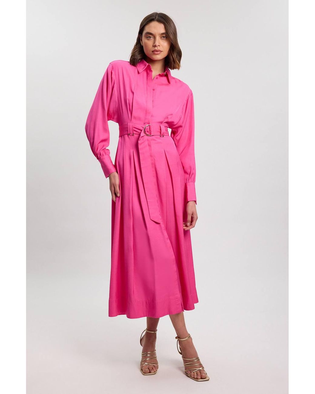 Karen Millen Pink Petite Premium Viscose Linen Woven Shirt Dress With Buckle Belt