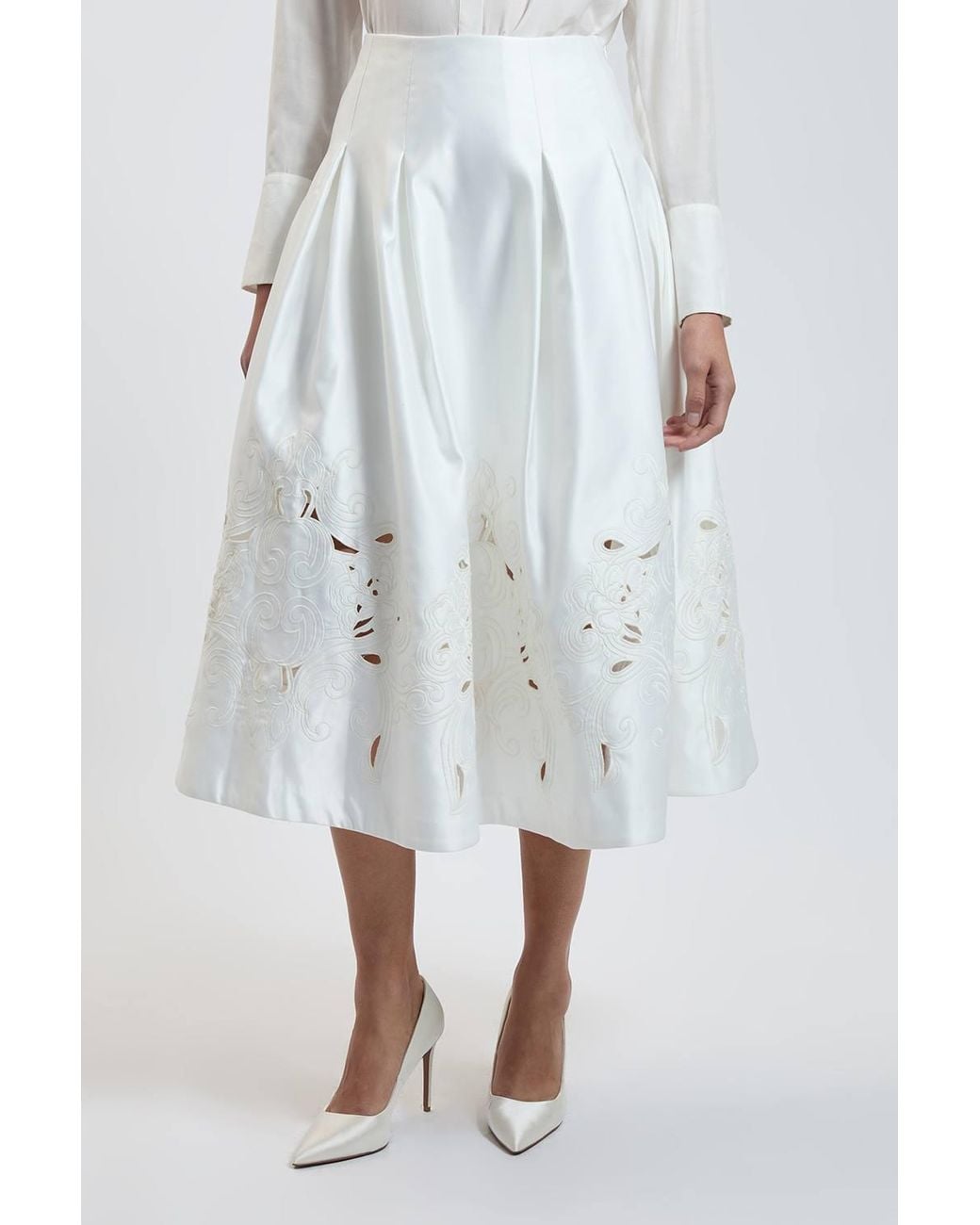 Karen Millen White Tailored Satin Cutwork Full Skirt