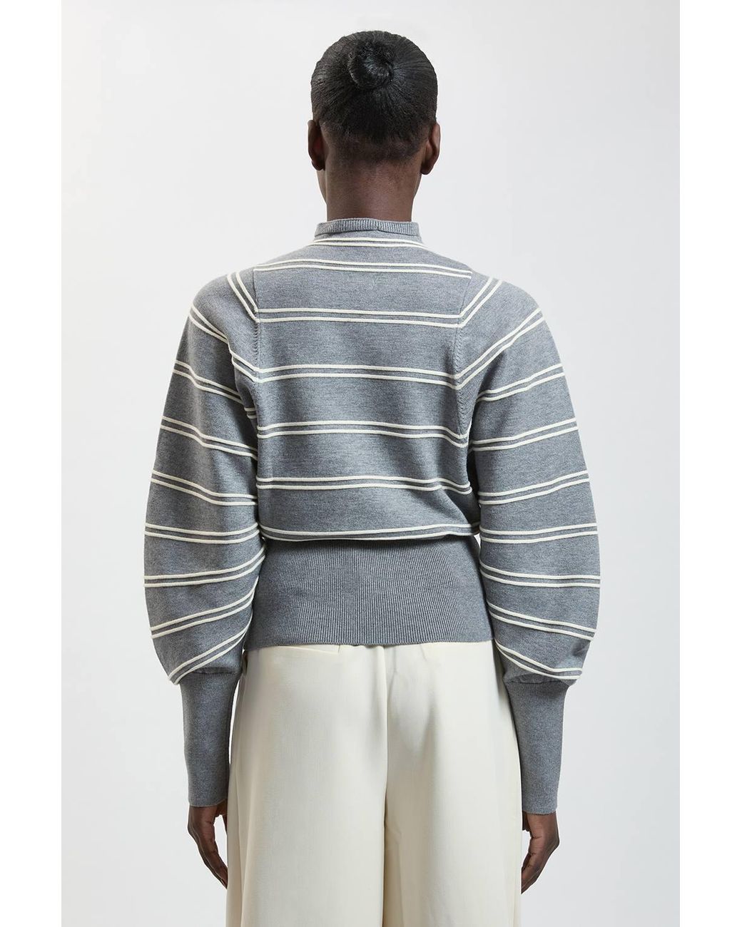 Karen Millen Gray Wool Look Rib Detail Long Sleeve Knitted Top