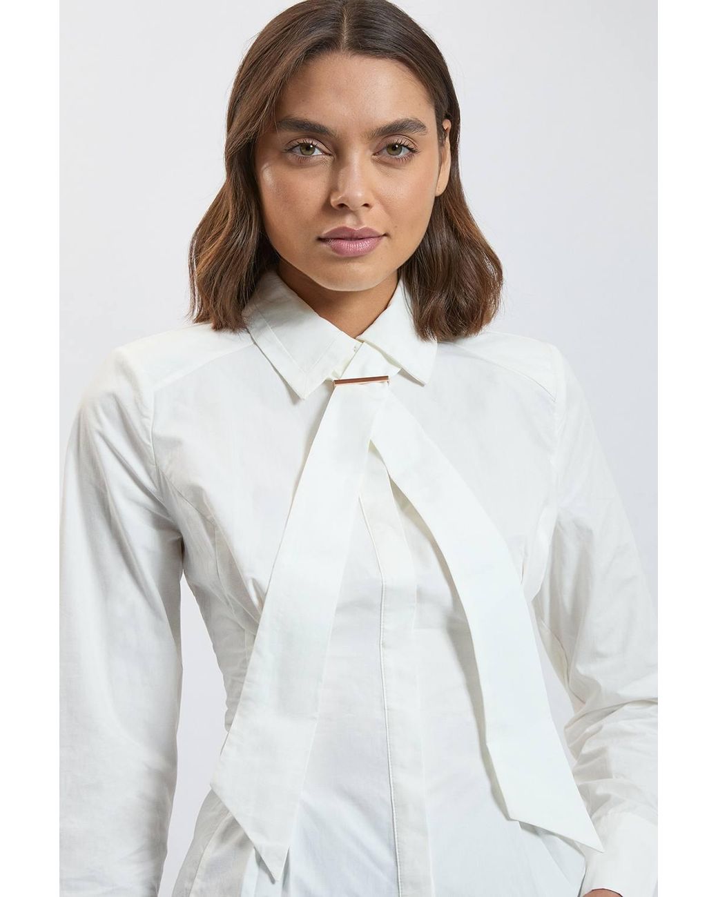 Karen Millen White Cotton Poplin Tie Neck Trim Detail Collared Shirt