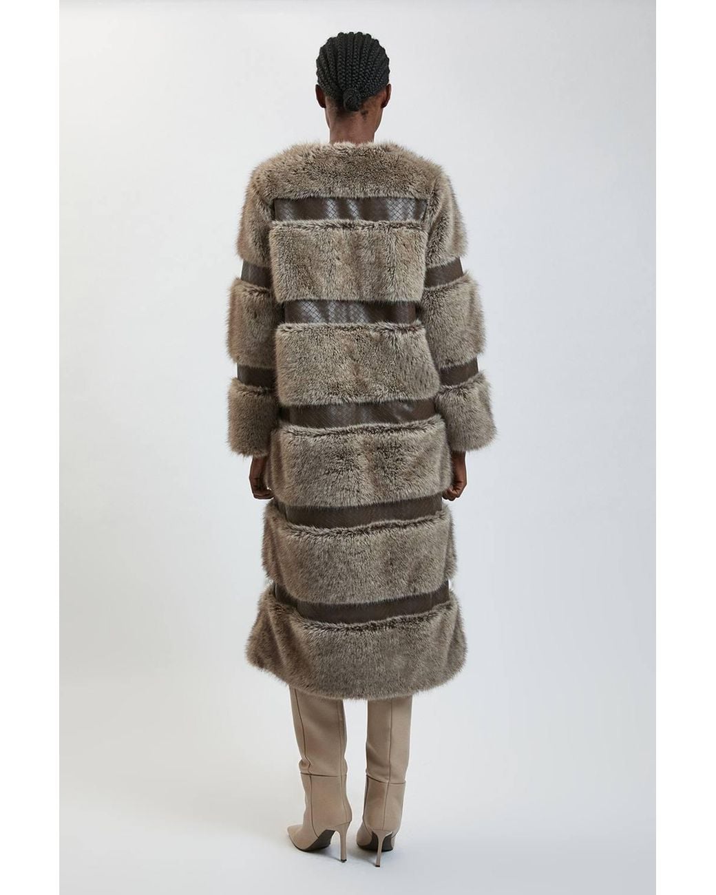 Karen Millen Brown Faux Fur & Faux Leather Multi Texture Midi Coat