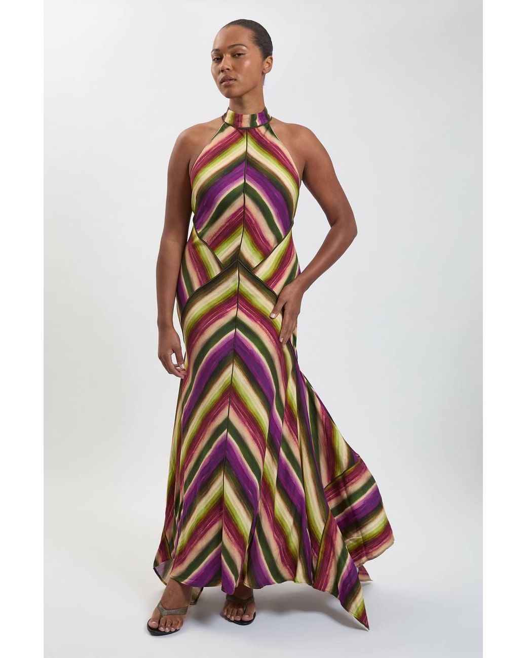 Karen Millen White Plus Size Multi Fluid Stripe Cotton Mix Woven Halter Dress