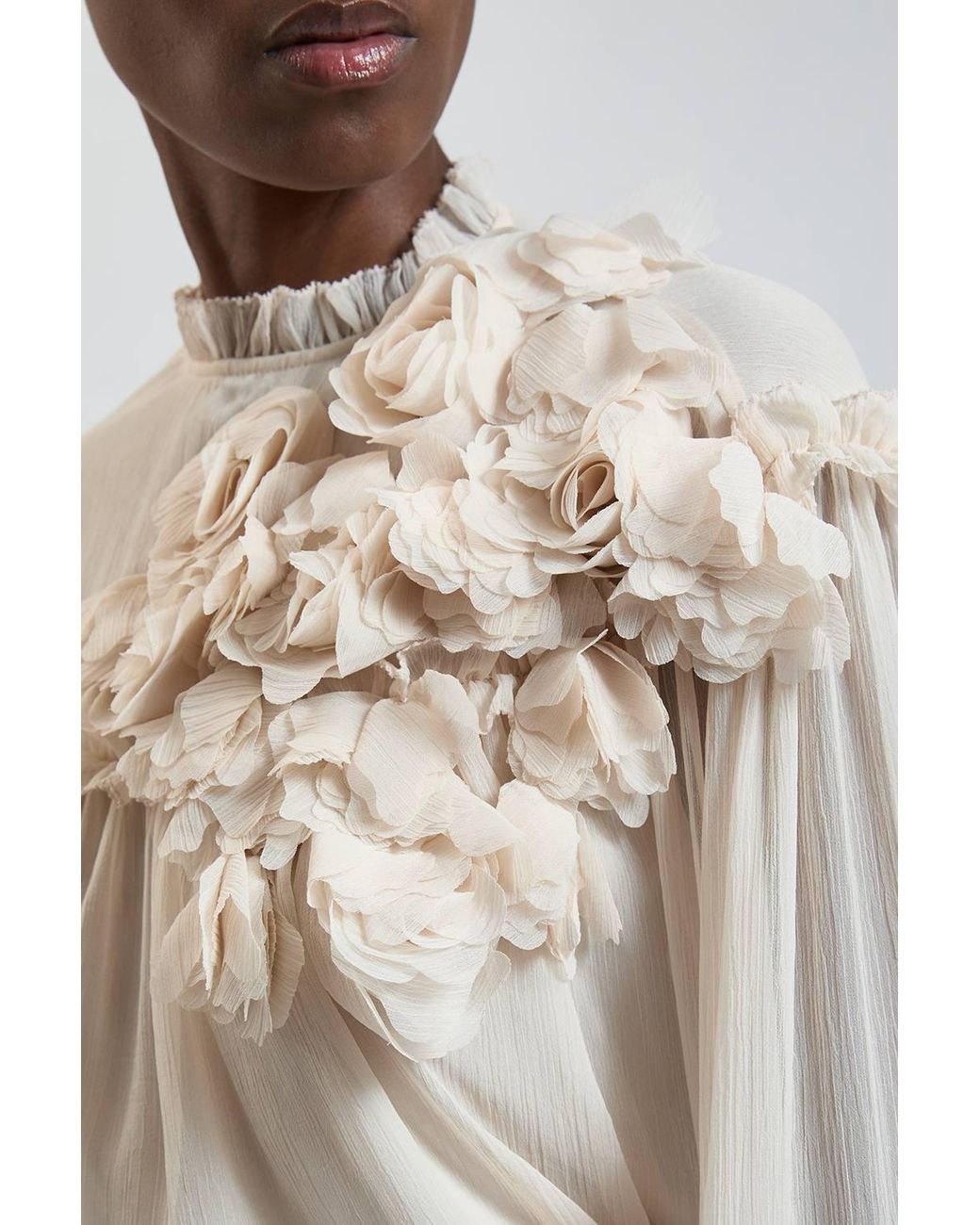 Karen Millen Floral Applique Chiffon Blouse in Natural | Lyst UK