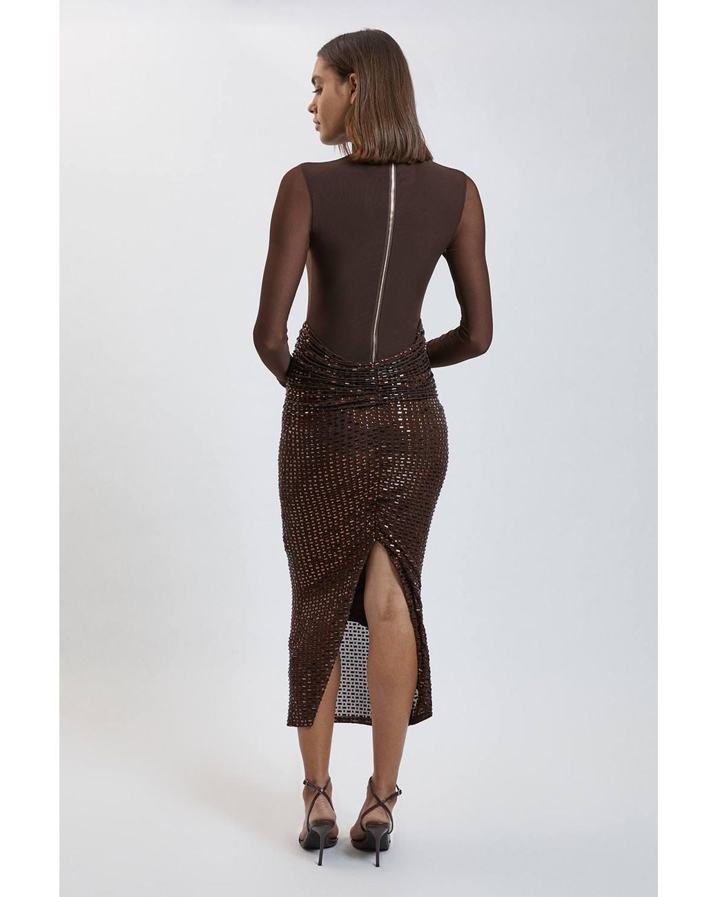 Karen Millen Brown Petite Premium Crystal Embellished Jersey Cowl Skirt Detail Maxi Dress With Mesh Body
