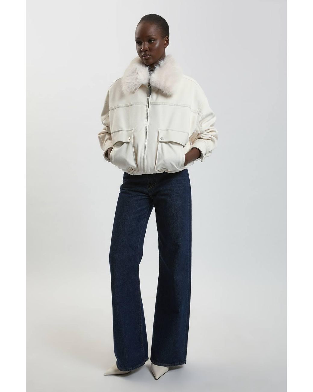 Karen Millen Blue Faux Leather Mix Short Bomber Jacket