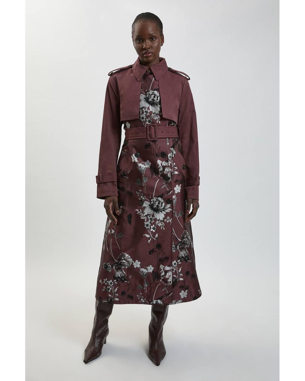 Karen Millen Blue Petite Jacquard Mix Trench Coat