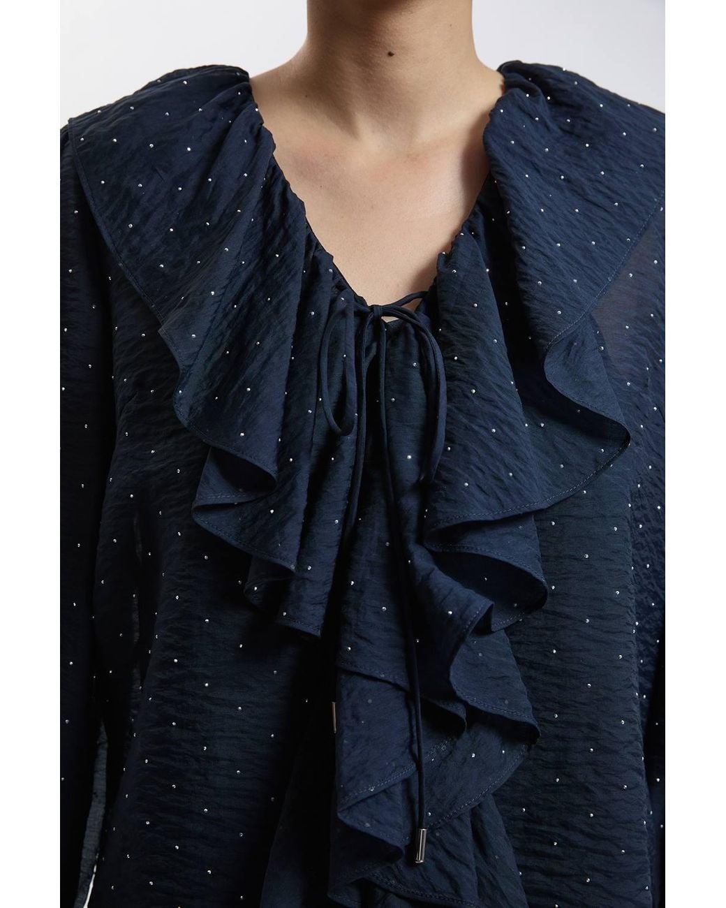 Karen Millen Blue Petite Hotfix Tencel Frill Front Blouse
