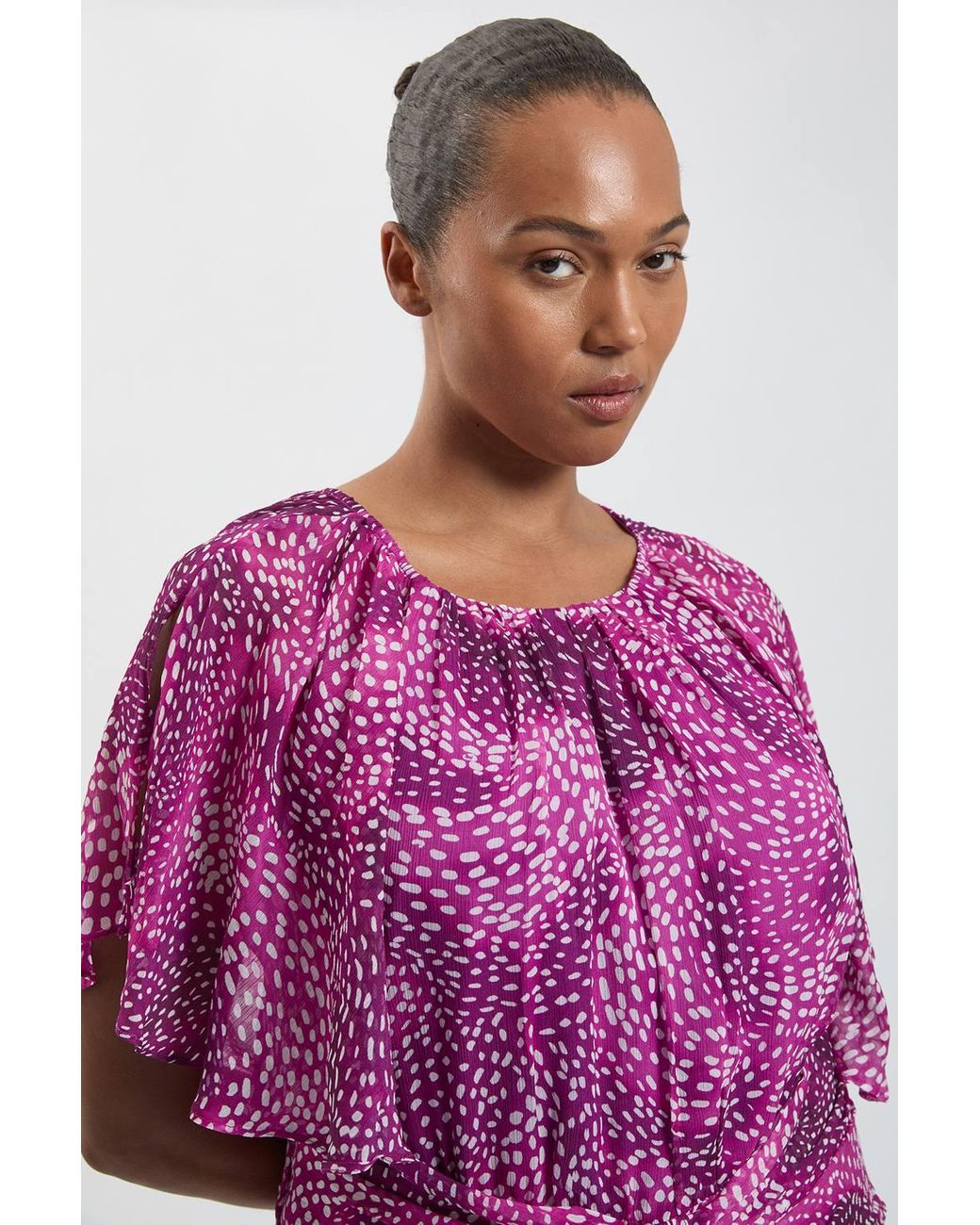 Karen Millen Purple Plus Size Spot Print Viscose Georgette Cape Sleeve Ruffle Woven Maxi Dress