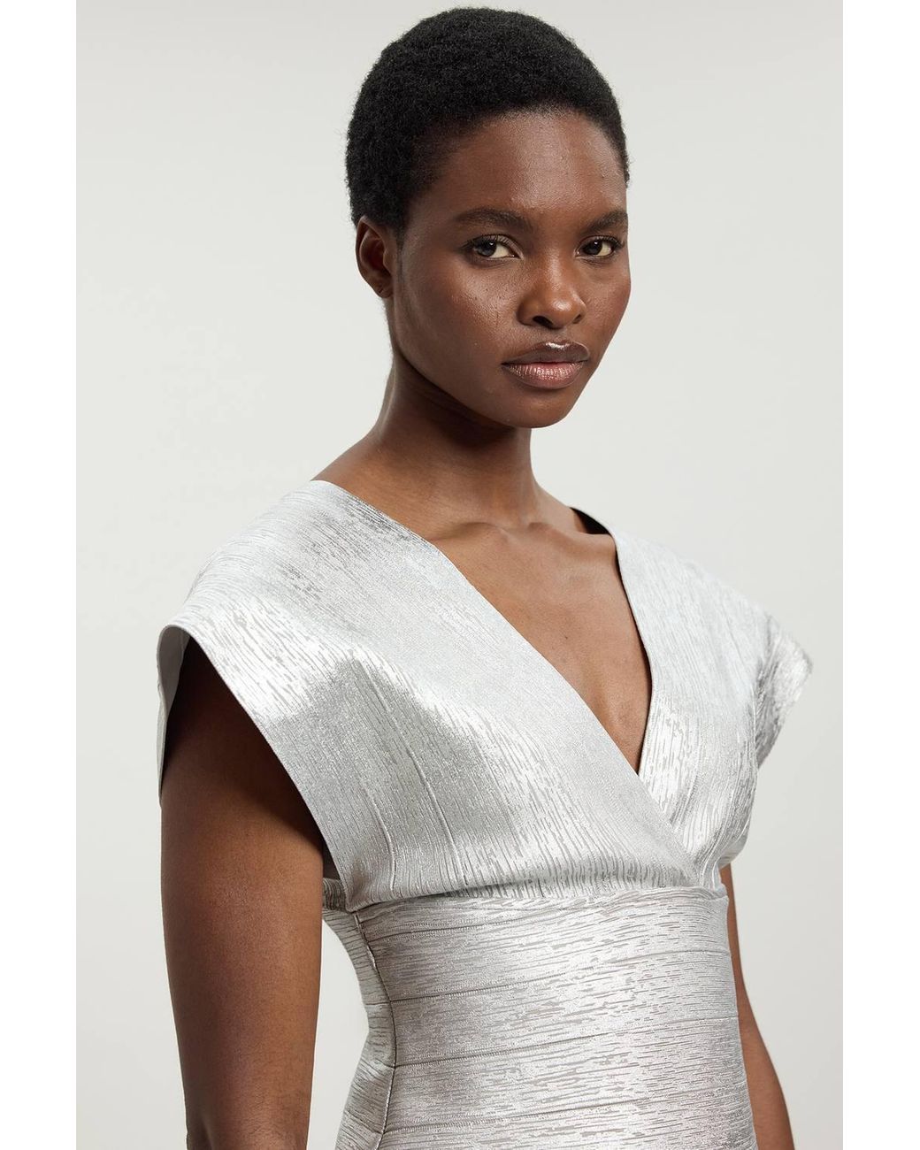 Karen Millen White Foil Metallic Figure Form Bandage Angel Sleeve Top