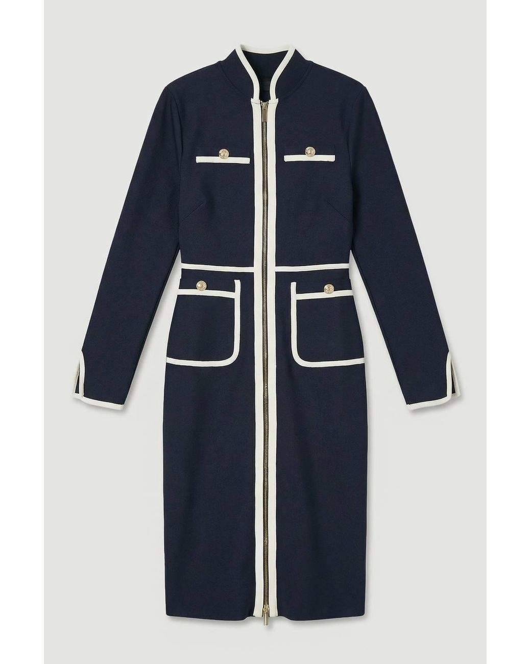 Karen Millen Blue Figure Form Bandage Knit Piping Detail Military Midi Dress