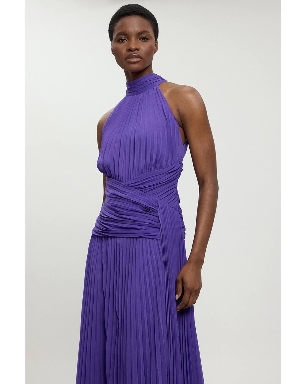 Karen Millen Purple Petite Pleated Twist Front Woven Halter Midi Dress