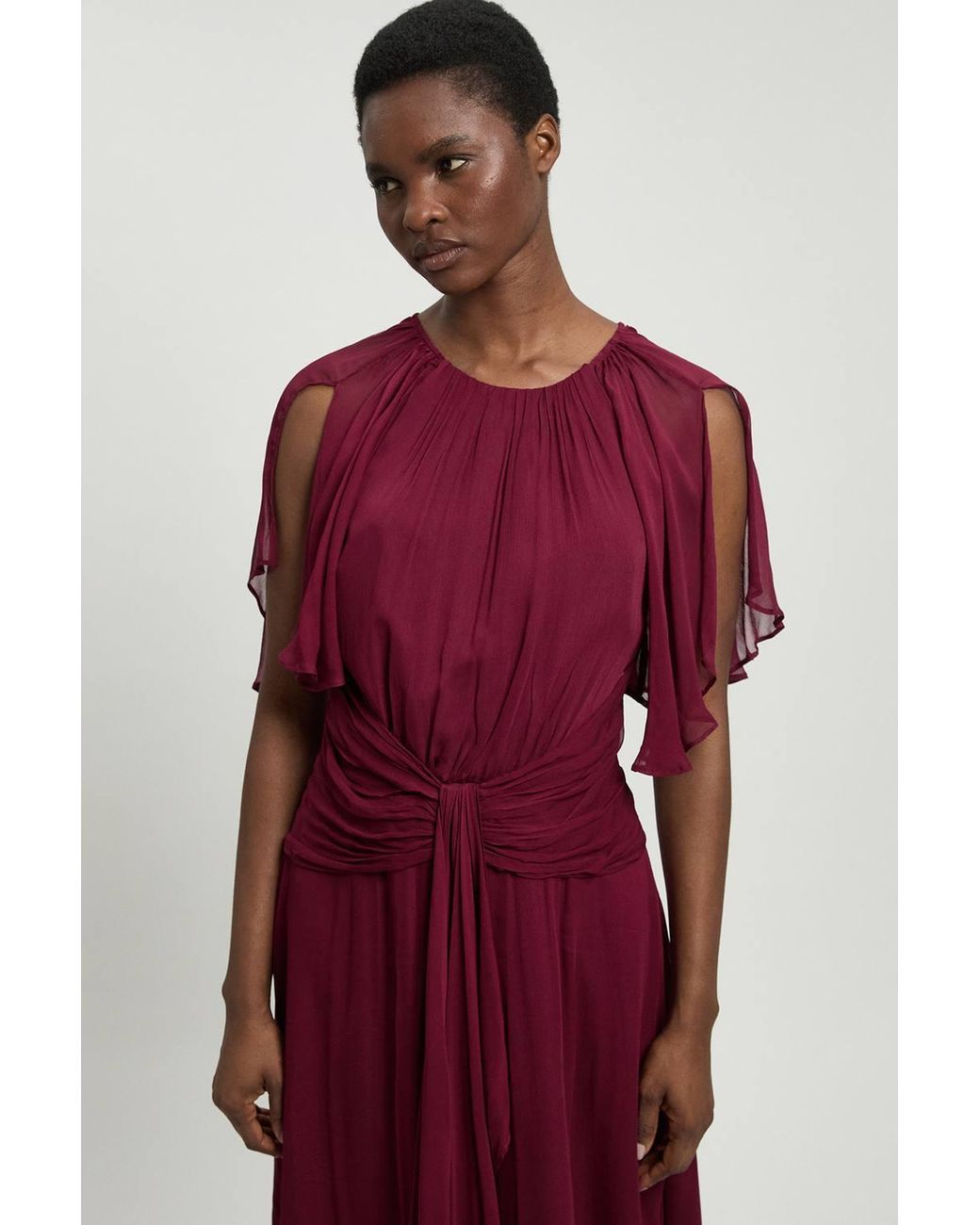 Karen Millen Red Viscose Georgette Cape Sleeve Ruffle Woven Maxi Dress