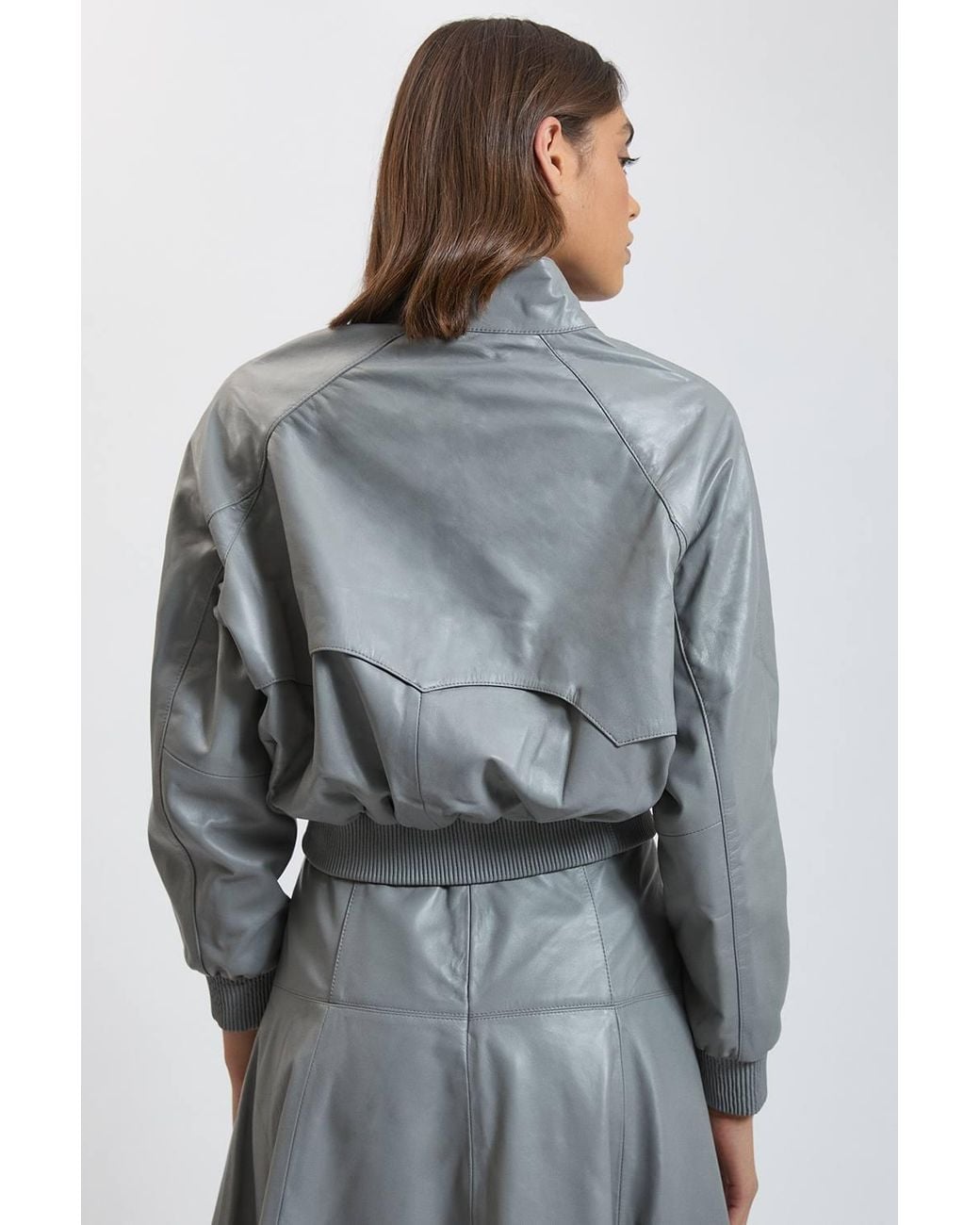 Karen Millen Gray Leather Bomber Jacket