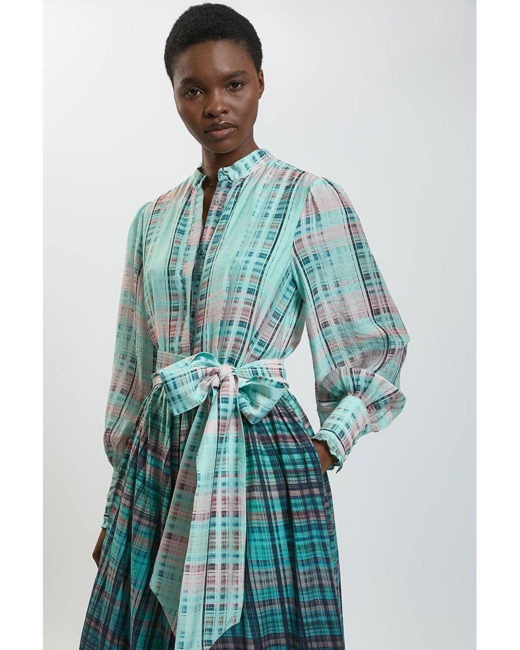 Karen Millen Blue Check Fluid Organza Belted Shirt Dress