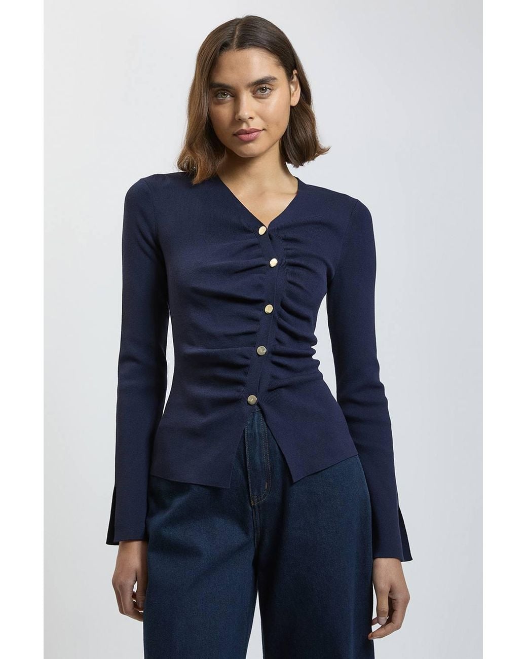Karen Millen Blue Asymmetric Fastening Viscose Knit Cardigan Sweater