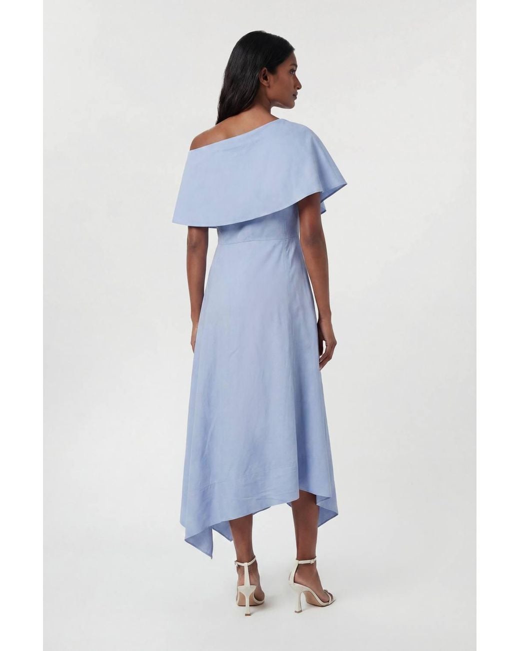 Karen Millen Blue Petite Premium Viscose Linen Tailored Asymmetric Neck Full Skirted Midi Dress