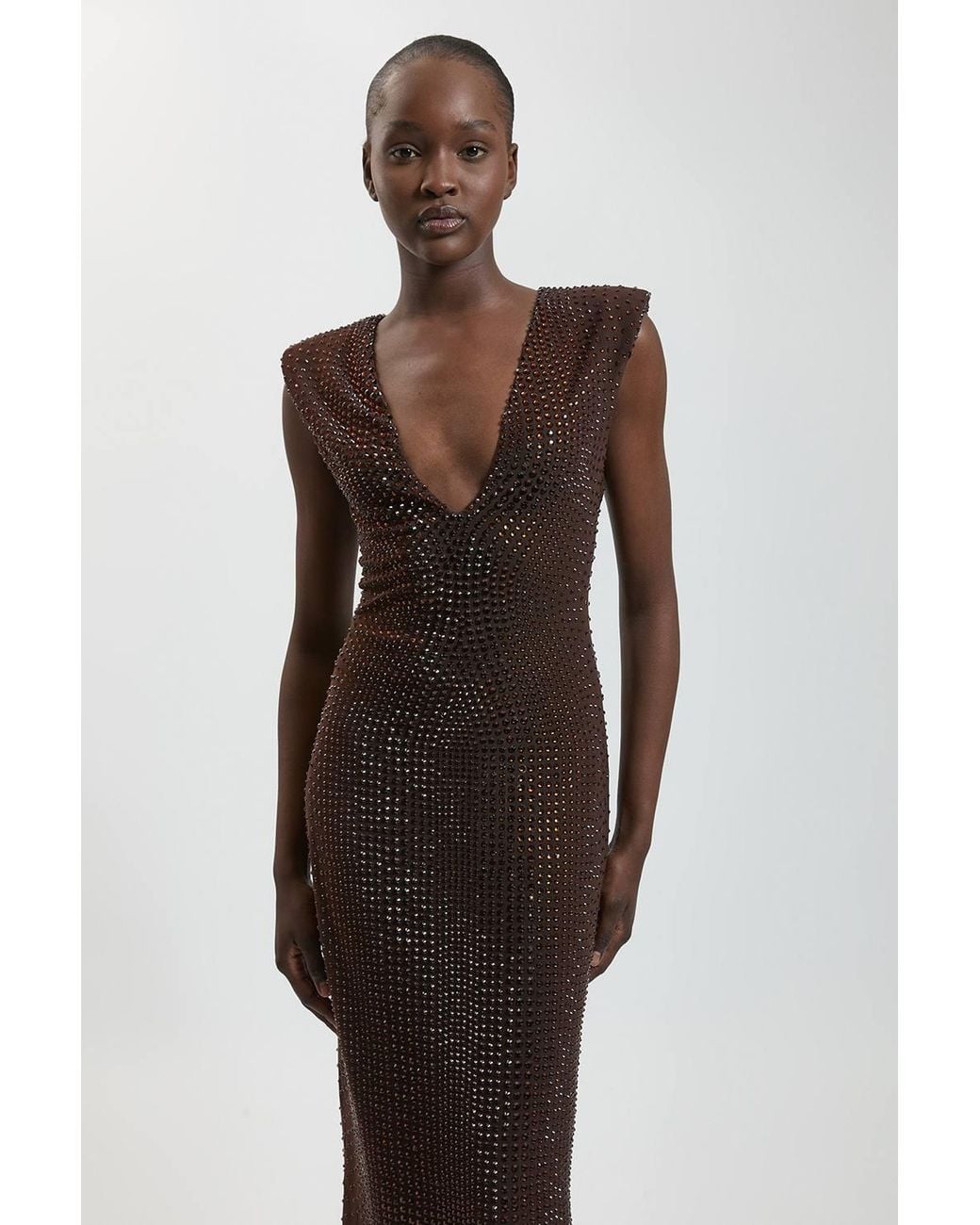Karen Millen Brown Premium Crystal Embellished Jersey Sleeveless Plunge Neck Midi Dress
