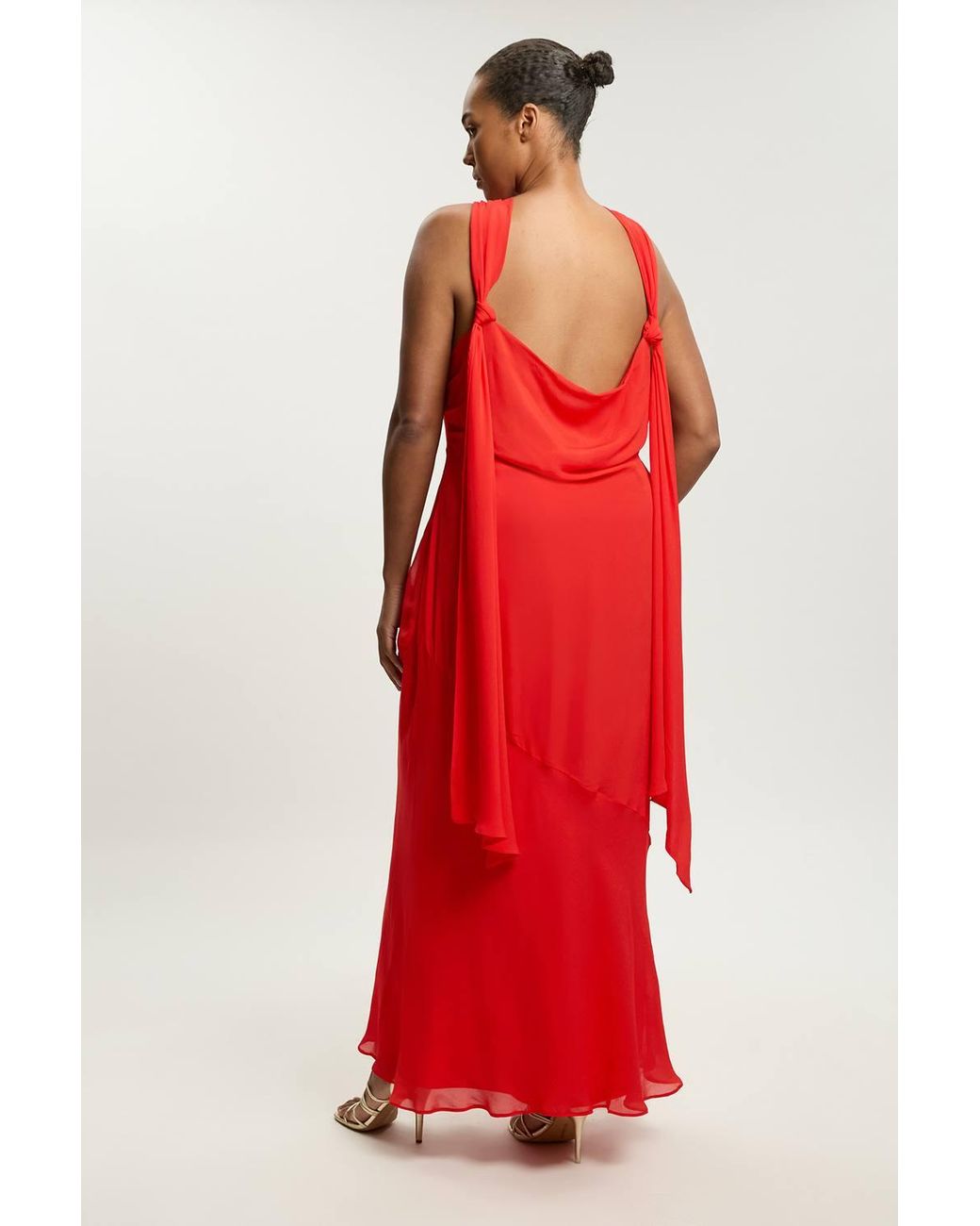 Karen Millen Red Plus Size Viscose Georgette Rosette Ruffle Halterneck Maxi Dress