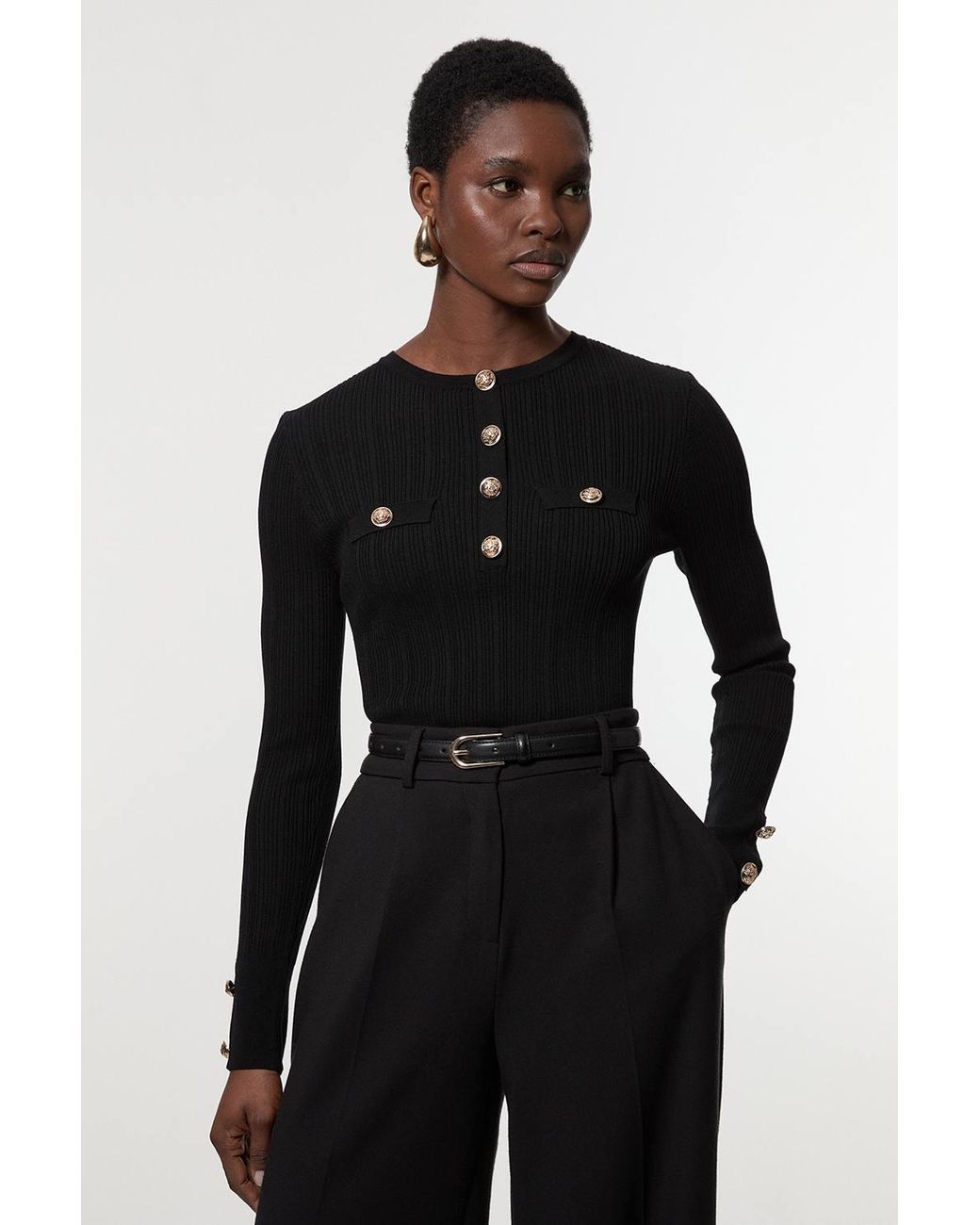 Karen Millen Blue Forever Military Trim Rib Long Sleeve Knit Top