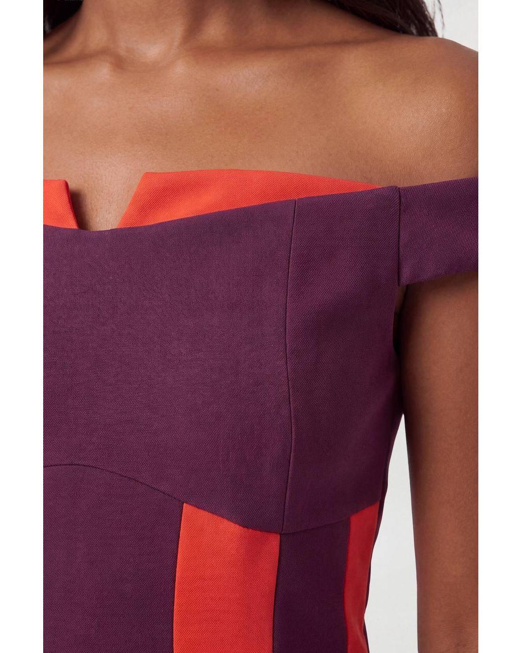 Karen Millen Red Compact Stretch Colour Block Bardot Midi Dress