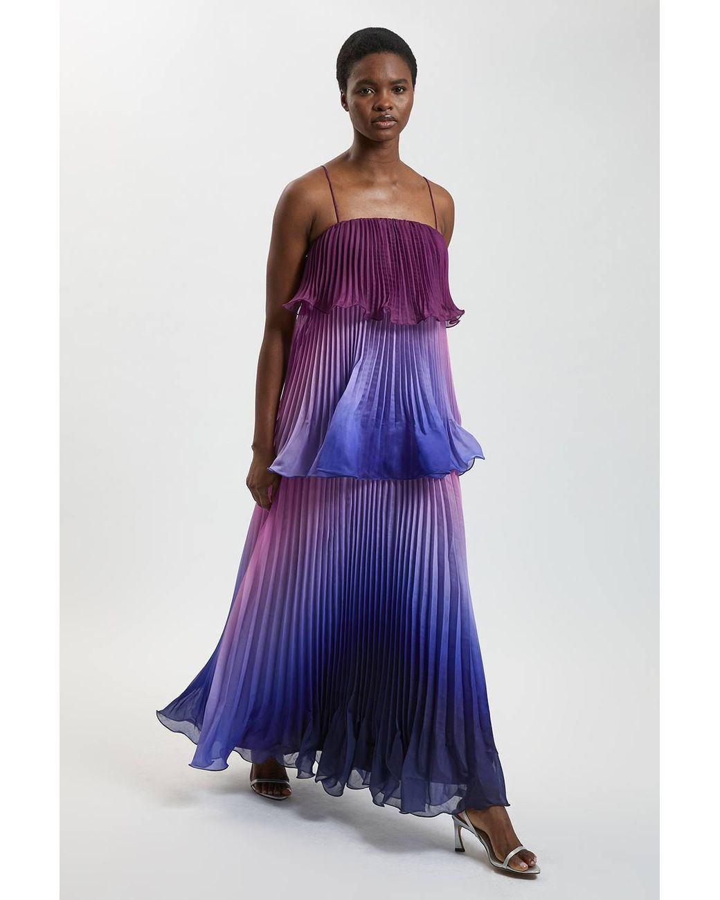 Karen Millen Purple Petite Pleated Slub Organdie Ombre Woven Maxi Dress