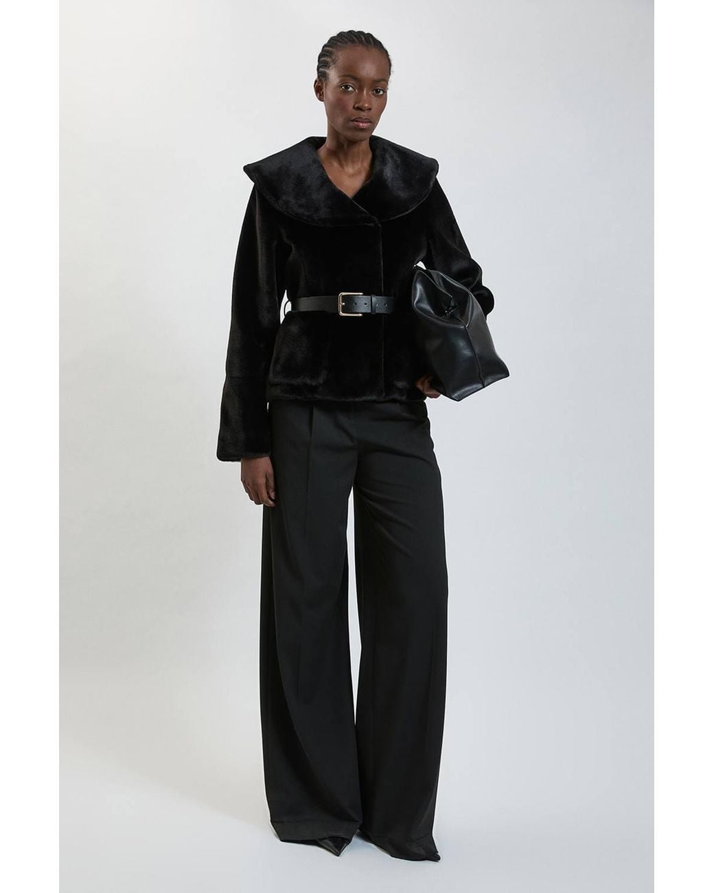 Karen Millen Black Faux Fur Oversize Collar Belted Short Coat