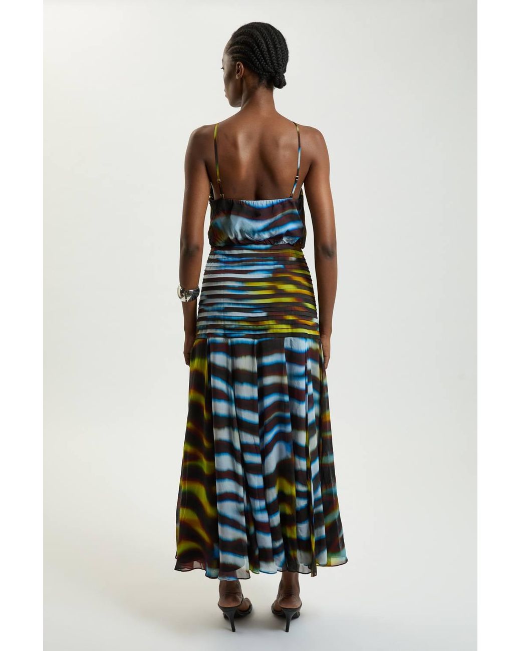 Karen Millen White Viscose Georgette Drop Hem Animal Print Woven Halterneck Maxi Dress